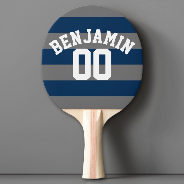 Name Navy Blue und Grau Rugby Stripes Tischtennis Schläger (Custom Ping Pong Paddle with a Sports Theme)