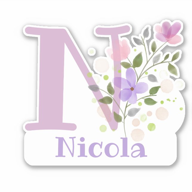 Name Nicola & Initial mit Blumendesign Aufkleber (Vorderseite)