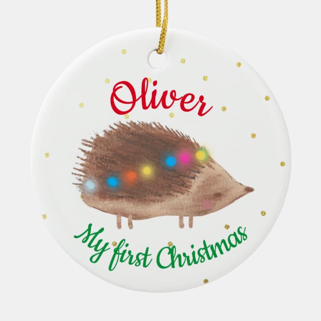 Name Niedlich Igel Baby First Christmas Keramik Ornament (Vorne)