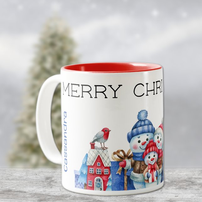 Name, Niedlich Snowman Familie Frohe Weihnachten 1 Zweifarbige Tasse (Von Creator hochgeladen)