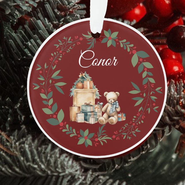 Name Niedlich Teddy Christmas Tree Burgundy Ornament (Von Creator hochgeladen)