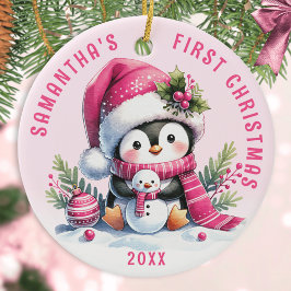 Name Niedliche Pinguin Girly Pink Erstes Weihnacht Keramik Ornament