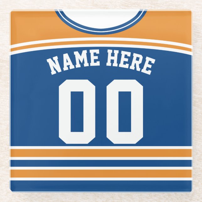 Name & Nummer Orange & Blue Hockey Jersey Glasuntersetzer (Vorderseite)