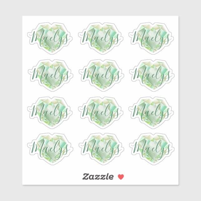 Name oder Monogram Green Heart Diamond Emerald hin Aufkleber (Blatt)
