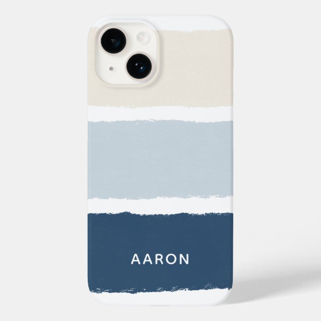 Name oder Monogramm Pinselstreifen in Blues Ecru Case-Mate iPhone 14 Hülle (Rückseite)