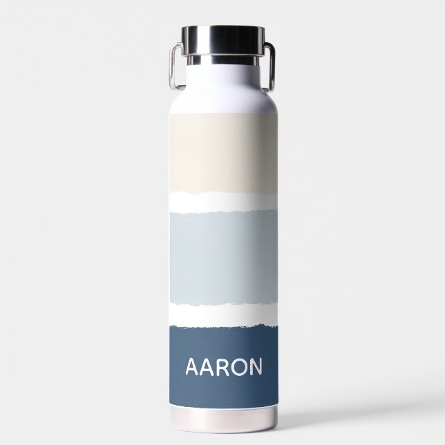 Name oder Monogramm Pinselstreifen in Blues Ecru Trinkflasche (Vorne)