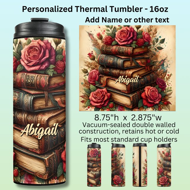 Name, Old Books & Roses Floral  Thermosbecher (Von Creator hochgeladen)