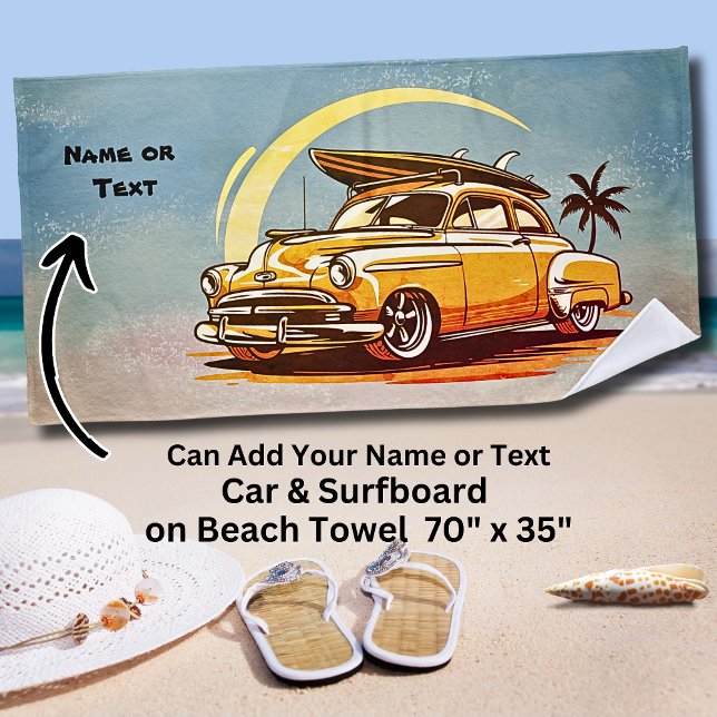 Name, Old Car with Surfboard & Palm Tree Strandtuch (Von Creator hochgeladen)
