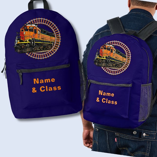 Name Orange Diesel Train auf Navy Blue Bedruckter Rucksack (Von Creator hochgeladen)