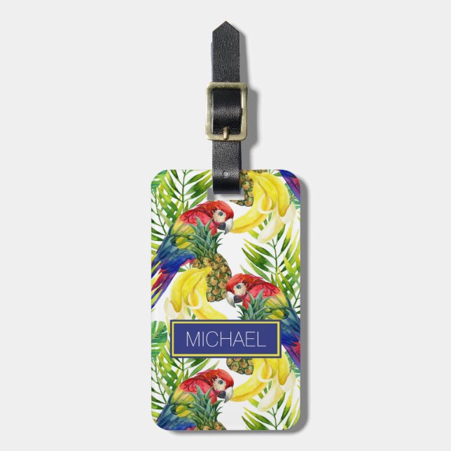 Name-Papageien und tropische Frucht Gepäckanhänger (Vorderseite vertikal)