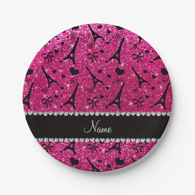 Name paris eiffel turm neon hot pink Glitzer Pappteller (Vorderseite)