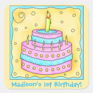 Name Personalisiert First Birthday Party Cake Art Quadratischer Aufkleber