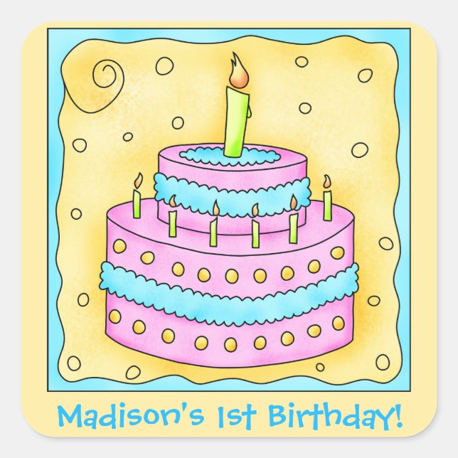 Name Personalisiert First Birthday Party Cake Art Quadratischer Aufkleber (Vorderseite)