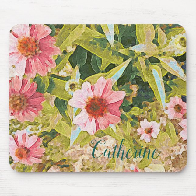 Name Personalisiert Pink Coneflower Green Blätter  Mousepad (Vorne)