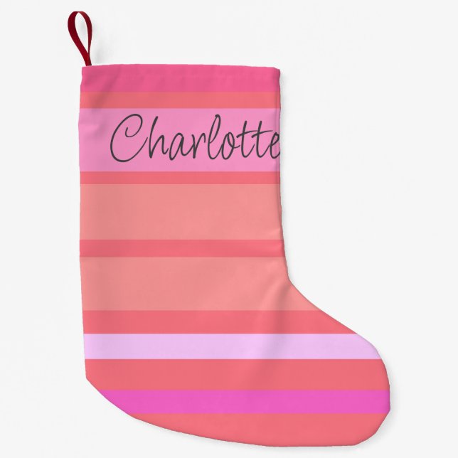 Name | Personalisierte, rosa Streifen beidseitig b Kleiner Weihnachtsstrumpf (Vorderseite)