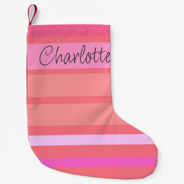 Name | Personalisierte, rosa Streifen Kleiner Weihnachtsstrumpf (Vorderseite)