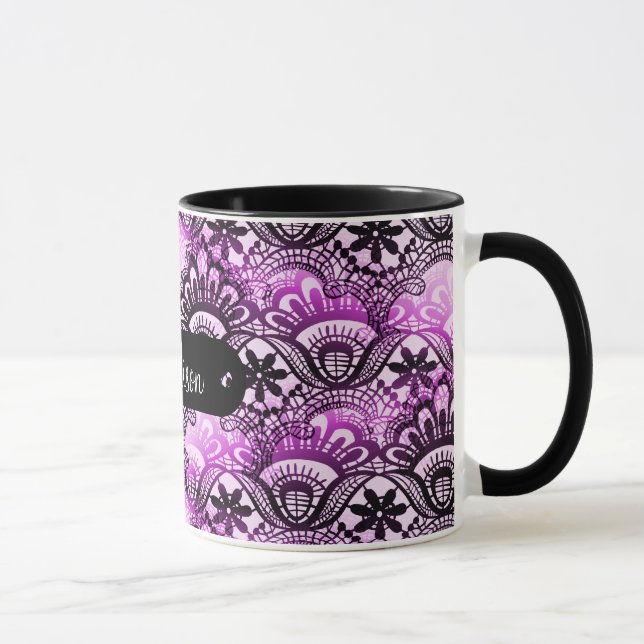 Name-personalisierter lila Spitze-Damast Tasse (Rechts)