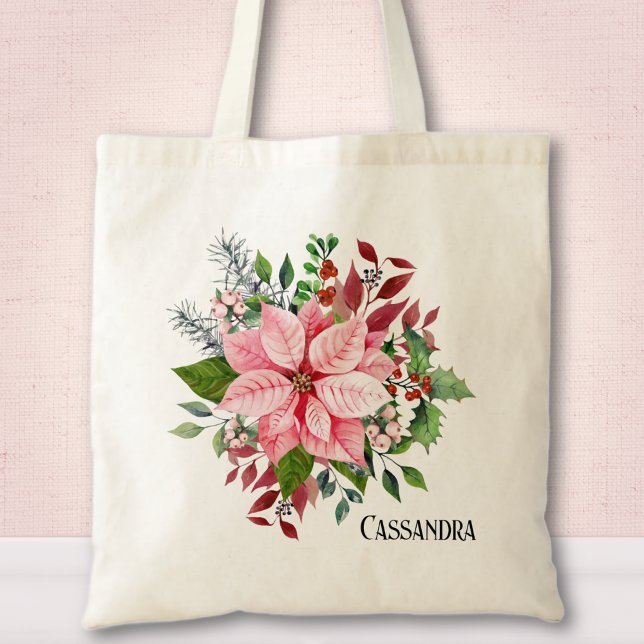 Name, Pink Poinsettia Berries & Green Folies Tragetasche (Von Creator hochgeladen)