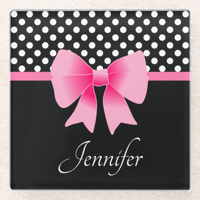 Name Pink Ribbon Black & White Polka Dots Glasuntersetzer (Vorderseite)