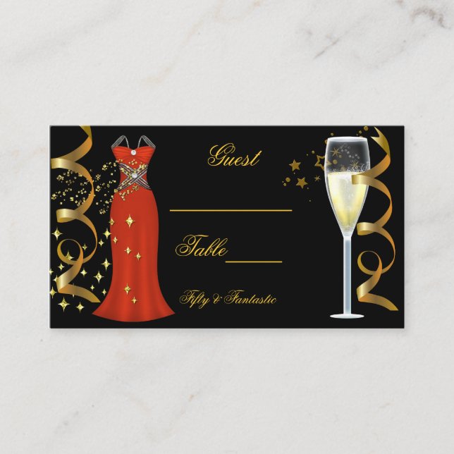 Name Place Fantastische Red Dress Black Gold Platzkarte (Vorderseite)