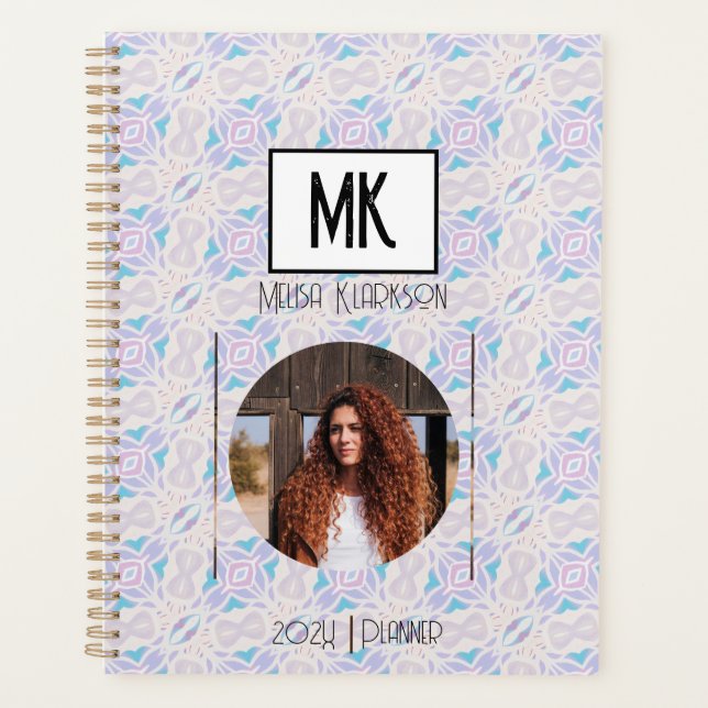 Name Planner mit Foto auf blauem Grunge Muster Planer (Vorderseite)