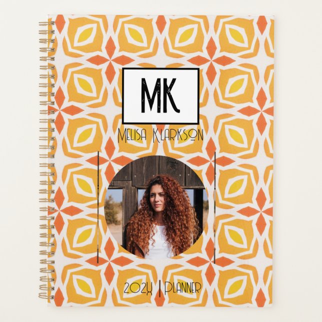 Name Planner mit Foto auf Orange Grunge Muster Planer (Vorderseite)
