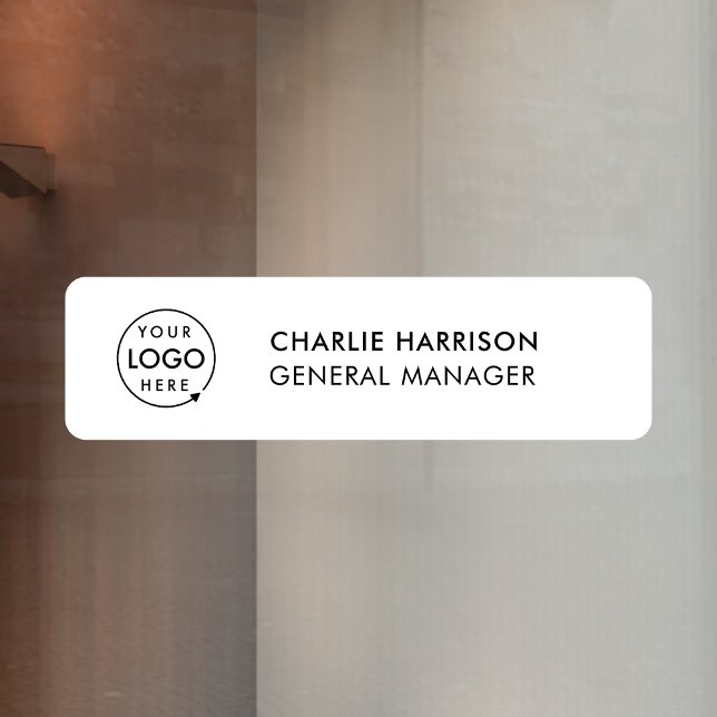 Name Plate Office Door Business Logo Modern White Fensteraufkleber (Company branded nameplate window cling signs for small business premises & office signage.)