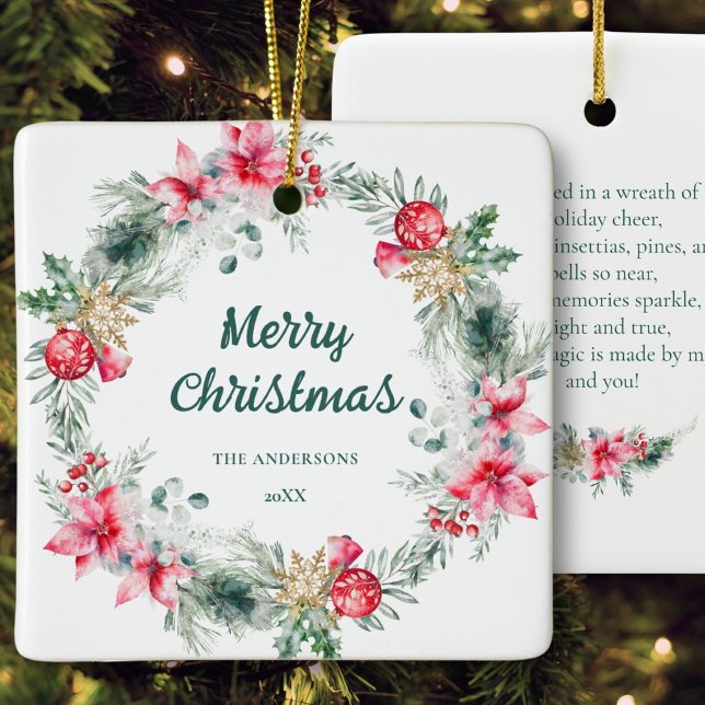 Name Poinsettia Red Green Wreath Weihnachtsgedicht Keramikornament (Von Creator hochgeladen)