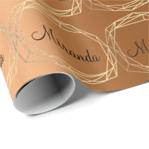 Name Polygonal Black Gold Graduate Bride Diamond Geschenkpapier