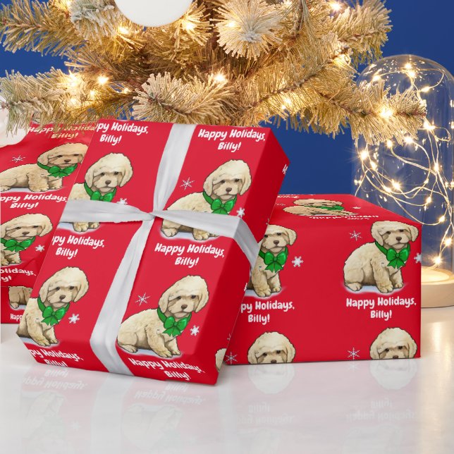 Name Poodle Puppy in Christmas Bow anpassen Geschenkpapier (Feiertage)