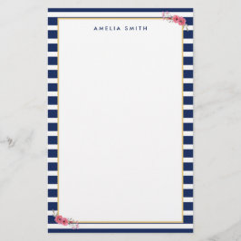 Name Preppy Chic Blue Stripes Rosa Blume Briefpapier