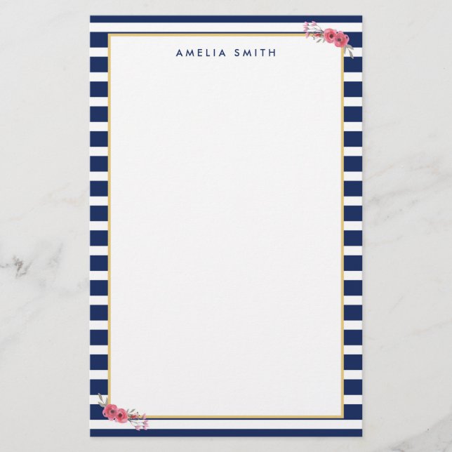 Name Preppy Chic Blue Stripes Rosa Blume Briefpapier (Vorderseite)