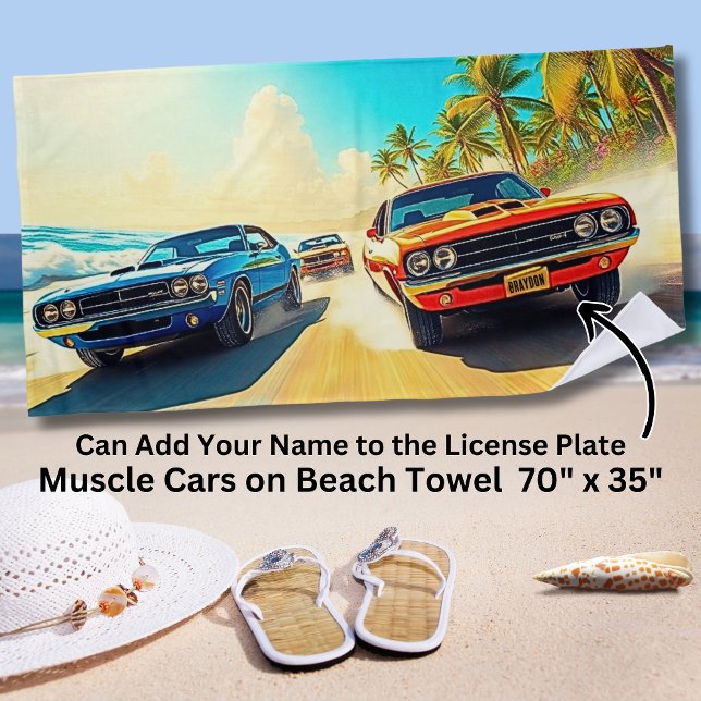 Name, Red & Blue Muscle Cars an der Sandstrand Strandtuch (Von Creator hochgeladen)