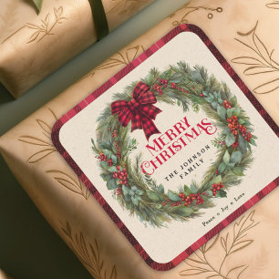 Name Red Buffalo Kariert Bauernhaus Weihnachtskran Quadratischer Aufkleber