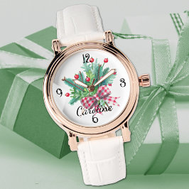 Name, Red & Green Bouquet White Leather Womans Armbanduhr