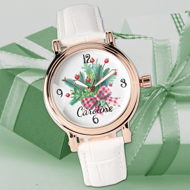 Name, Red & Green Bouquet White Leather Womans Armbanduhr (Von Creator hochgeladen)