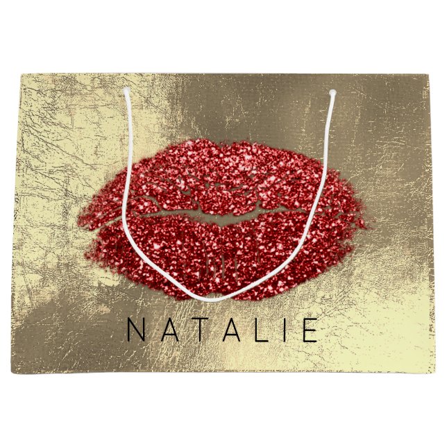 Name Red Metal Kiss Lips Glitzer Champagne Gold Große Geschenktüte (Vorderseite)