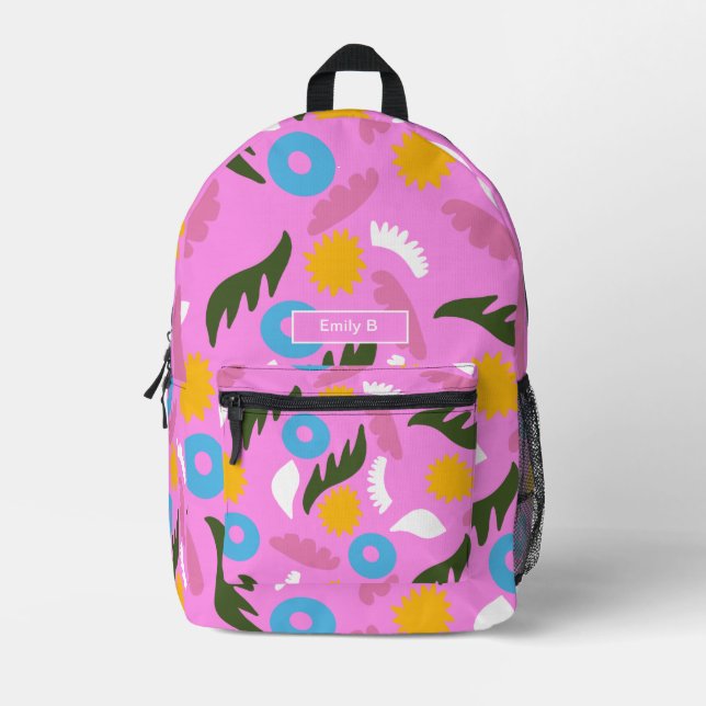 Name Rosa Blumenmuster Moderne Schultasche Bedruckter Rucksack (Vorderseite)