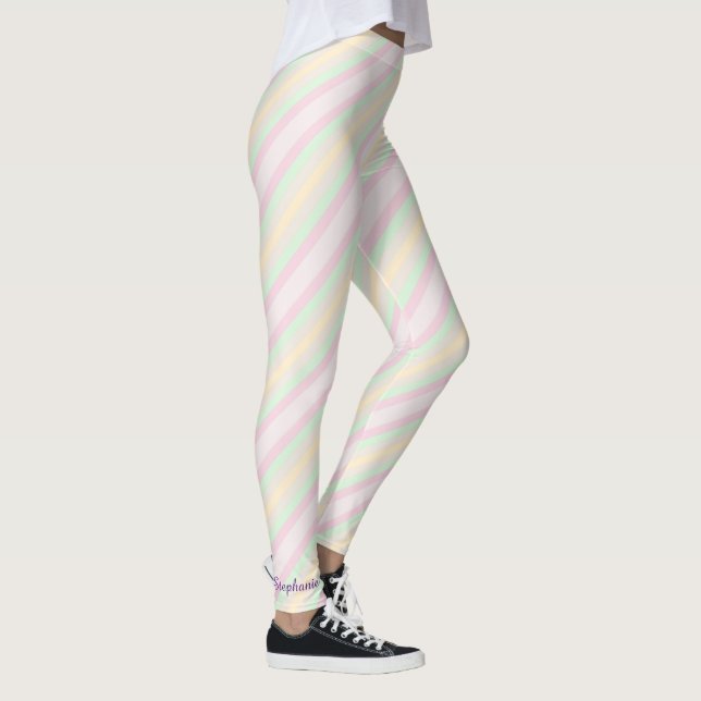 Name, rosa Gelb und grüner Pastellstreifen Leggings (Rechts)