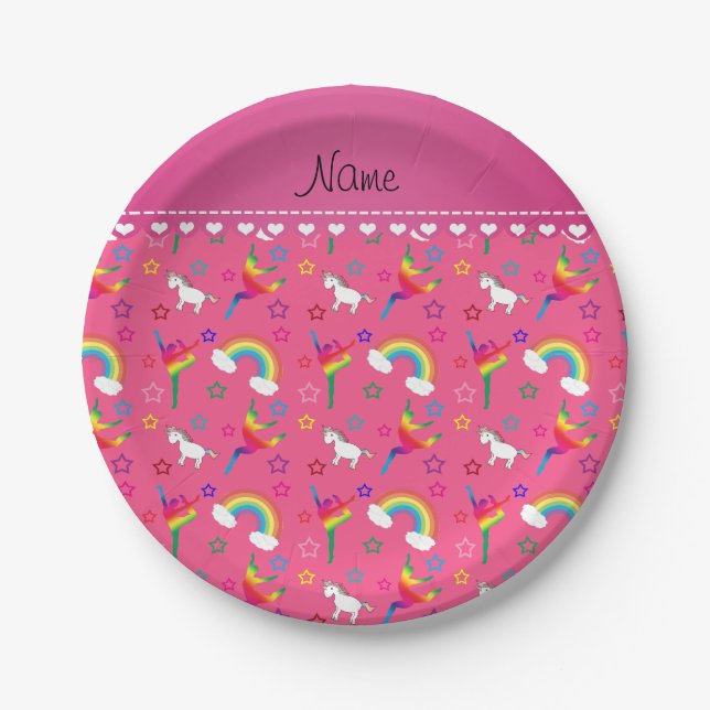 Name Rosa Gymnastik Regenbogen Einhorn Pappteller (Vorderseite)
