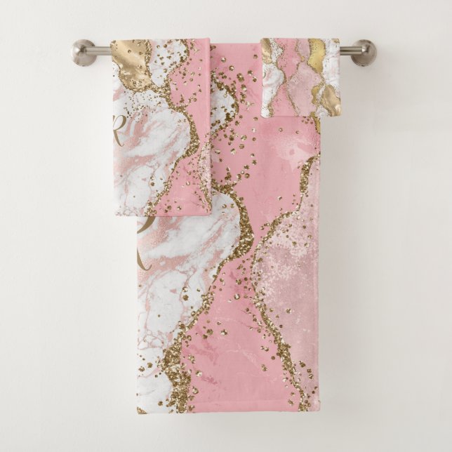 Name Rose Gold Pink Agate Liquid & Glitzer Gold Badhandtuch Set (Insitu)