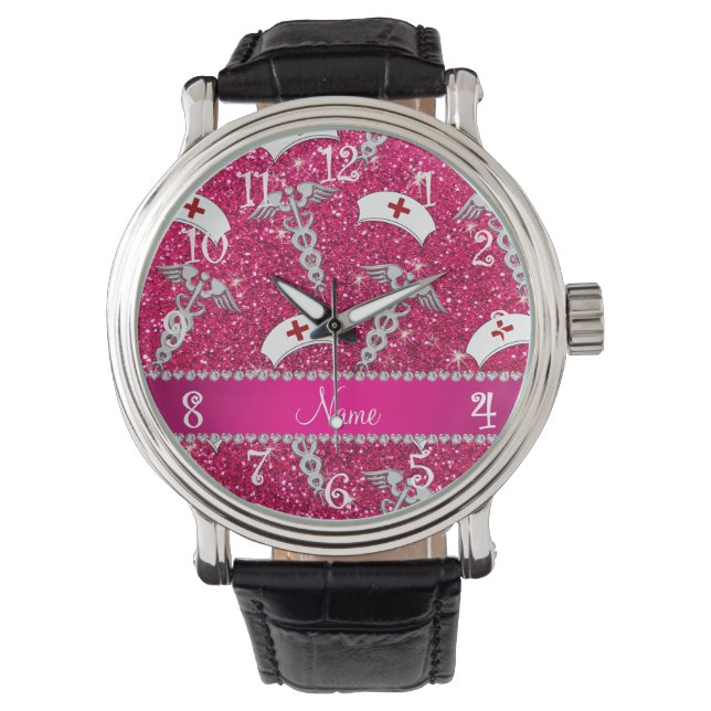 Name Rose Rosa Glitzer Hüte silber Caduceus Armbanduhr (Vorderseite)