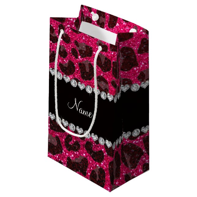 Name-Rosenrosa-Glitter-Leoparddruck Kleine Geschenktüte (Vorderseite Schrägansicht)