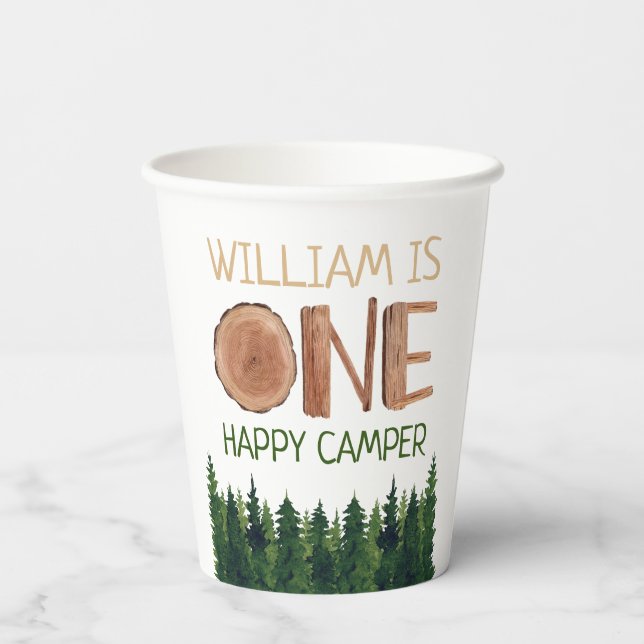 Name Rustic One Happy Camper Pappbecher (Rückseite)