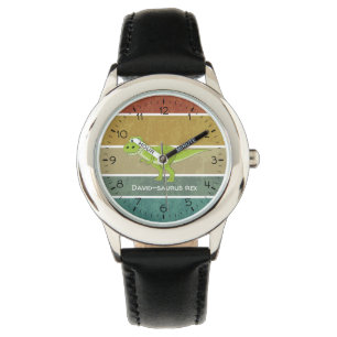 Name saurus grün T-rex Retro Hintergrund Dino-Kin Armbanduhr