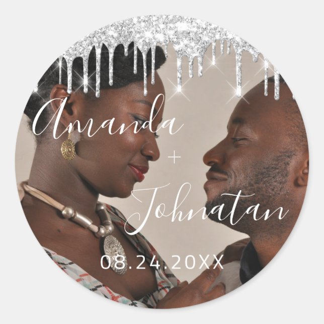 Name Save the Date Black Silver Tropfens Foto Runder Aufkleber (Vorderseite)