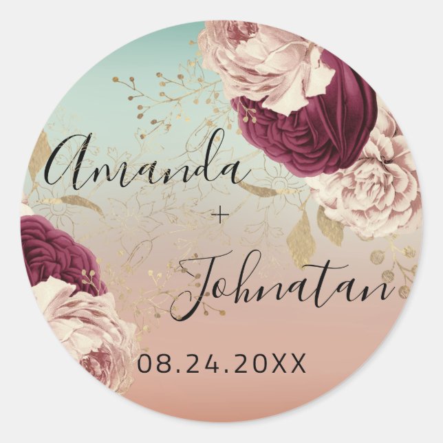 Name Save the Date Rose Gold Florals Blue Runder Aufkleber (Vorderseite)