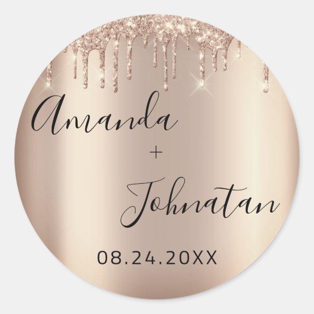 Name Save the Date Rose Gold Tropfen Funkelnd Runder Aufkleber (Vorderseite)