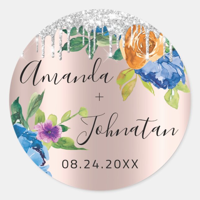 Name Save the Date Rose Silver Tropfens Navy Runder Aufkleber (Vorderseite)
