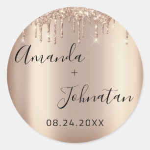 Name Save The Date Roségold-Tropfen Funkelnd Runder Aufkleber
